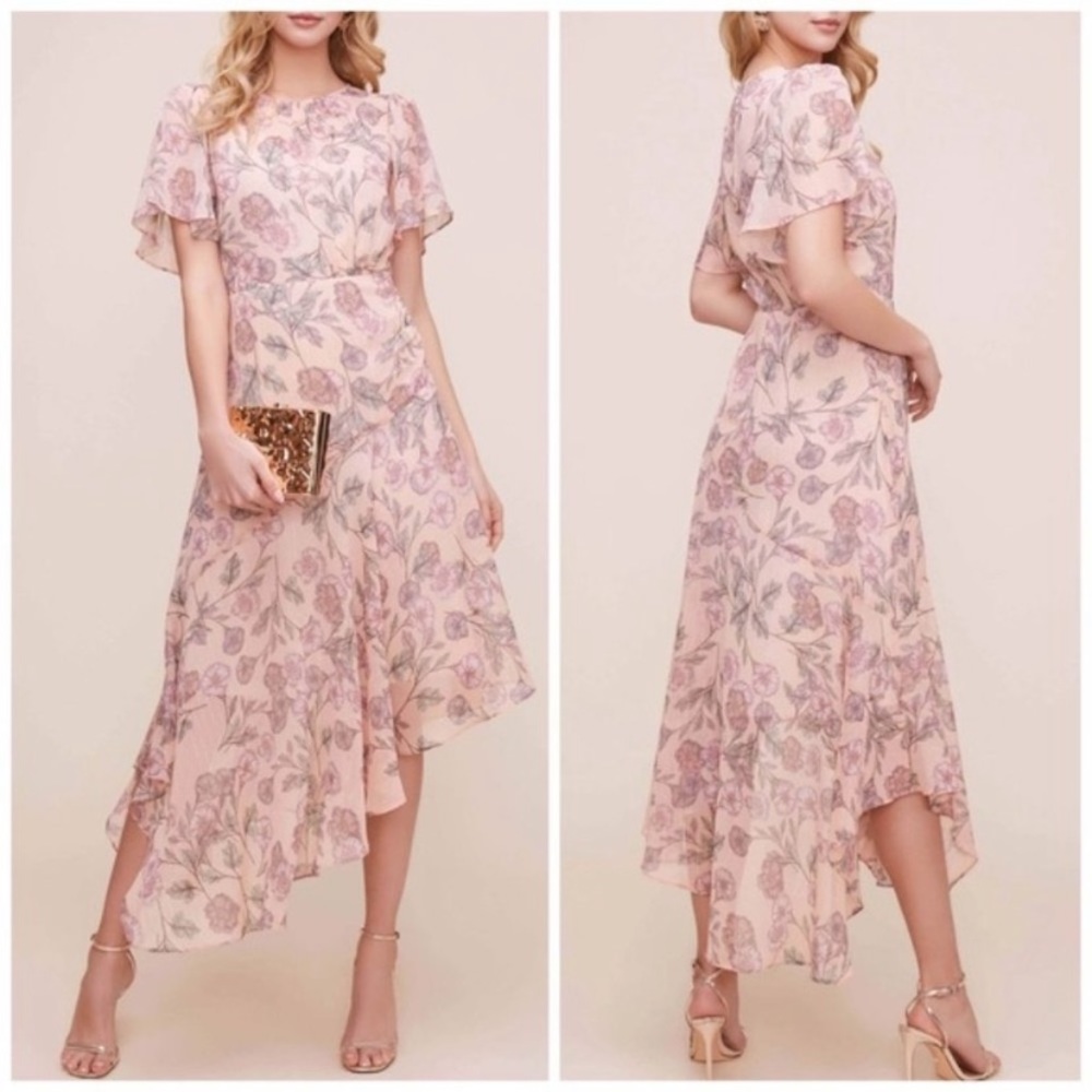 NWT Astr The Label Pink Floral Garden Flutter Asymmetric Midi Dress Sz Small